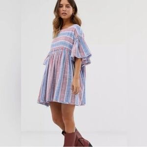 Free People Size XS Blue Pink Stripe 100% Cotton Summer Nights Mini Dress